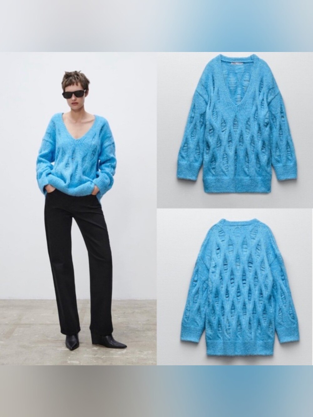 Zara Turquoise V-Neck Open-Stitch Knit Sweater